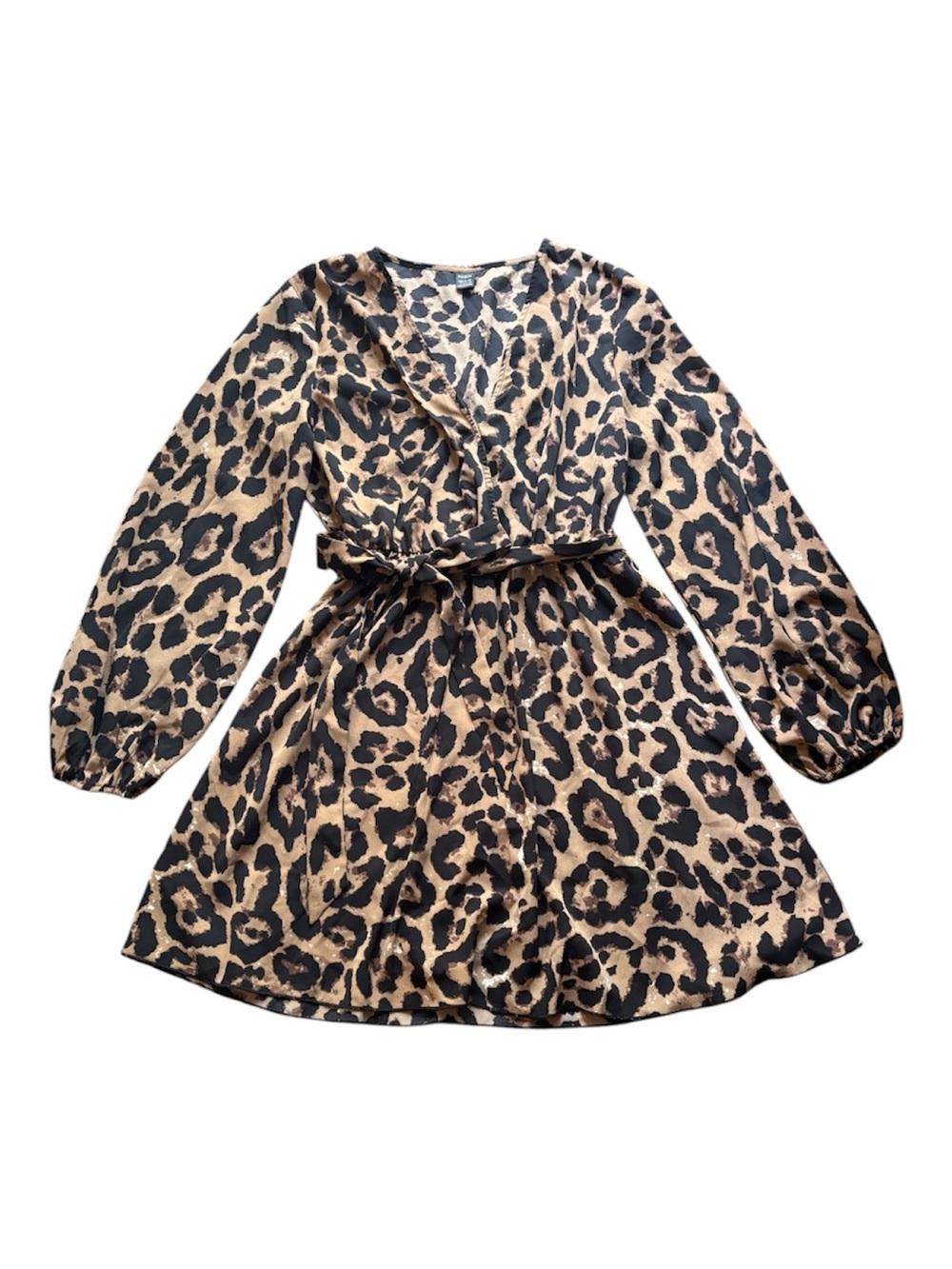 SHEIN Leopard Print Wrap Dress in Black and Tan Tie Waist Bubble Sleeves